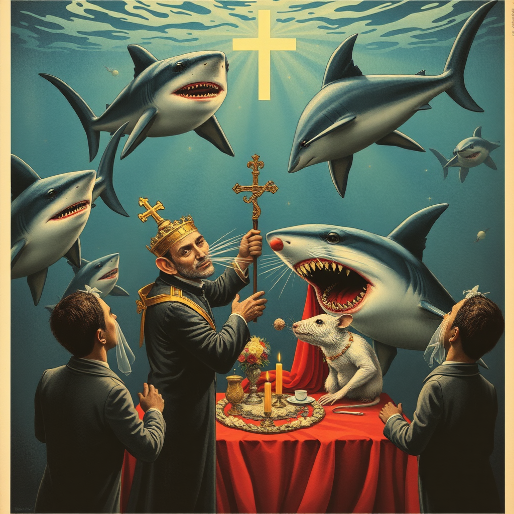 A rat wedding being attacked by hammerhead sharks, Catholic, Soviet propaganda poster, no text, Lovecraftian, in India