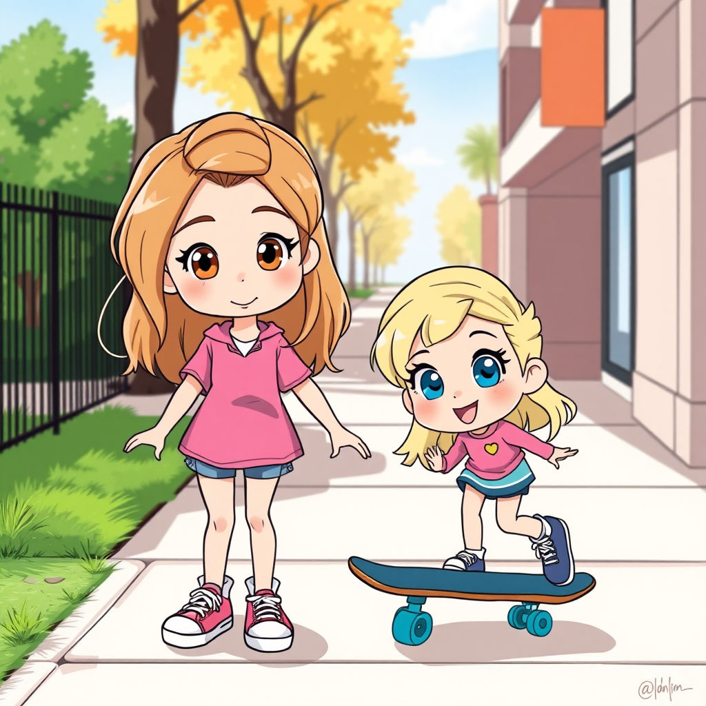 Two cartoon sisters, one a teen with light brown hair and hazel eyes and the other a smaller kid with blonde hair and blue eyes, playing with a skateboard on a sidewalk.