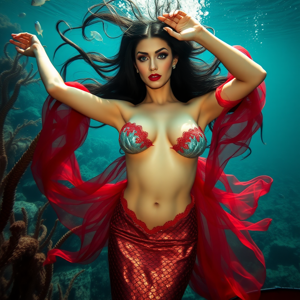 Vampirella as a fit and trim mermaid underwater amazing loose flowing hair floating in a nimbus around her beautiful face her arms outstretched languidly over her head. she's looking down into the viewer's eyes making intense eye contact. diaphanous gossamer. Burlesque. Stunning undersea life details plants and fish and other creatures of the sea. Impressive, shining scaled mermaid tail. Amazing HD DSLR photographic output.