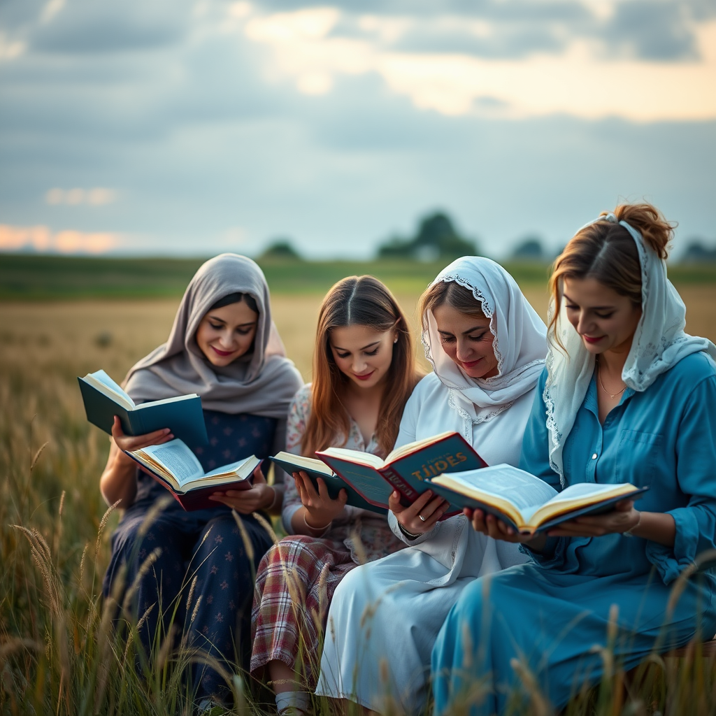 A banner with an image of several women reading their Bibles in an outdoor field, digital art style, ultra detailed, cinematic lights, high quality, 8K