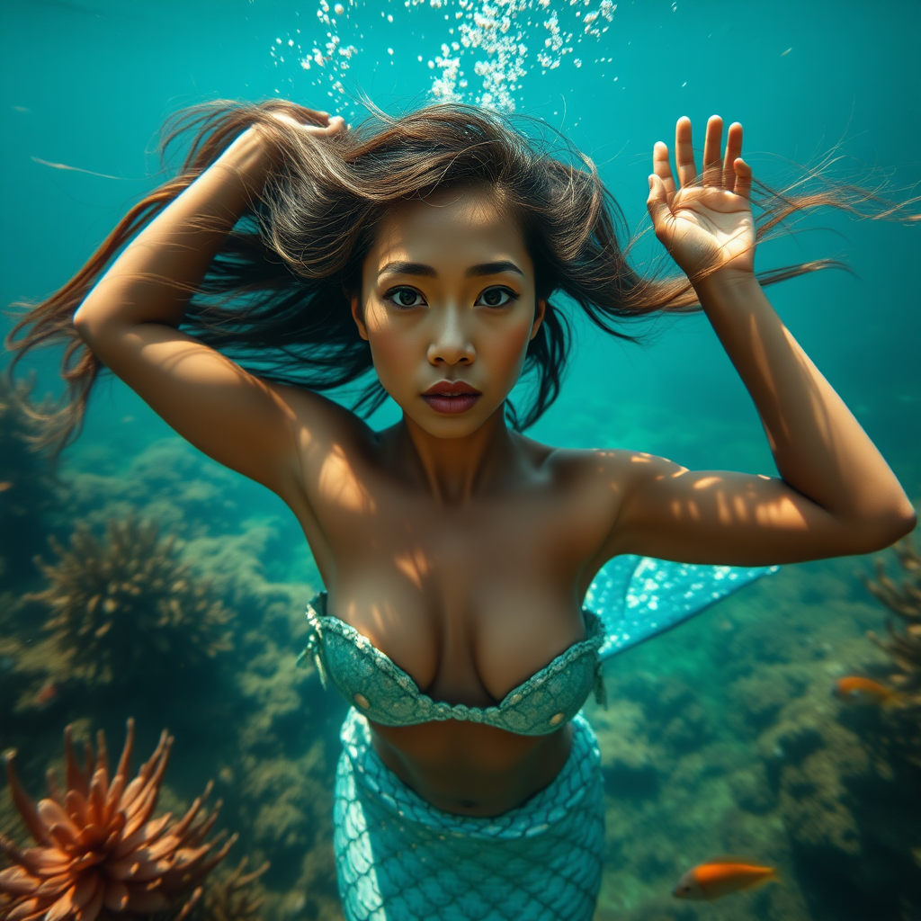 Dark skinned petite asian as a fit and trim mermaid underwater amazing loose flowing hair floating in a nimbus around her beautiful face her arms outstretched languidly over her head. she's looking directly into the viewer's eyes making intense eye contact. diaphanous gossamer. Burlesque. Stunning undersea life details plants and fish and other creatures of the sea. Impressive, shining scaled mermaid tail. Amazing HD DSLR photographic output.