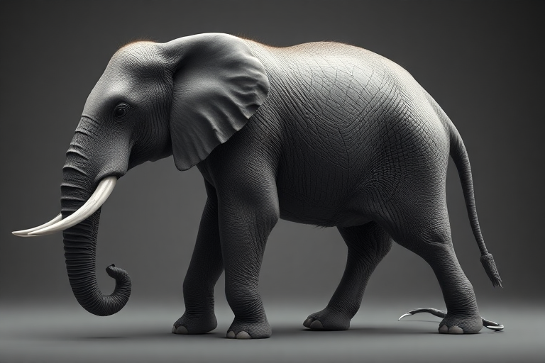 A full-length, photorealistic image of an elephant possessing the musculature and silhouette of a mouse, while retaining its head, complete with facial features. The creature's skin and fur should remain intact. The background should draw inspiration from both the elephant and mouse, seamlessly blending their distinct characteristics.