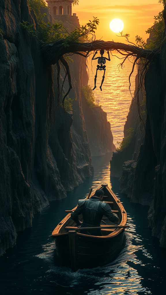 A cinematic panorama of a lone, wounded knight, slumped against the prow of a small wooden boat, his armor battered and stained with blood. The boat navigates a narrow river, its waters reflecting the fiery hues of a setting sun. Towering cliffs rise on either side, their rugged surfaces adorned with crumbling ruins of ancient structures. Thick vines, gnarled roots, and lush foliage cascade down the rock walls, bridging the chasm with their tangled embrace. Skeletons, clad in decaying armor, hang suspended from branches, their skeletal forms swaying gently in the breeze. As the river winds its way towards the distant ocean, the cliffs gradually open, revealing a glimpse of a vast, sun-drenched expanse of water stretching towards the horizon.