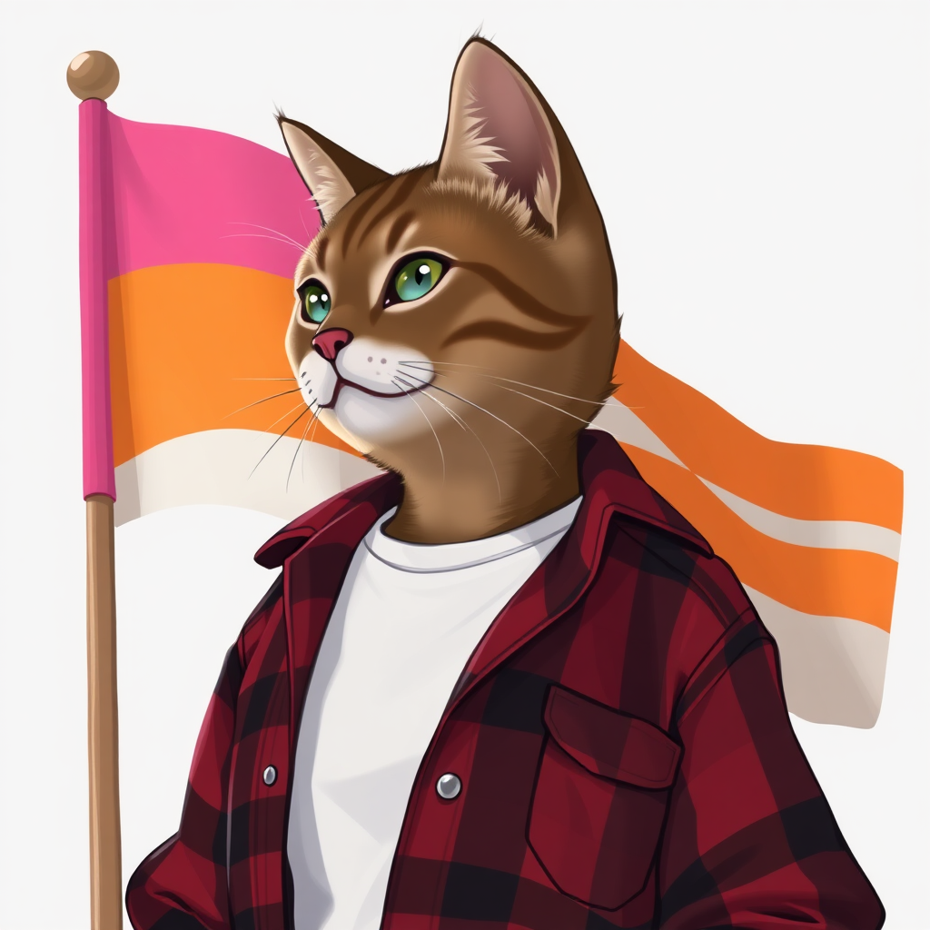 female cat-man brown color with behind, a flag with horizontal colors pink/light pink/white/light orange/orange, colors in that order, wearing an open red and black checkered shirt with a white t-shirt, in digital art