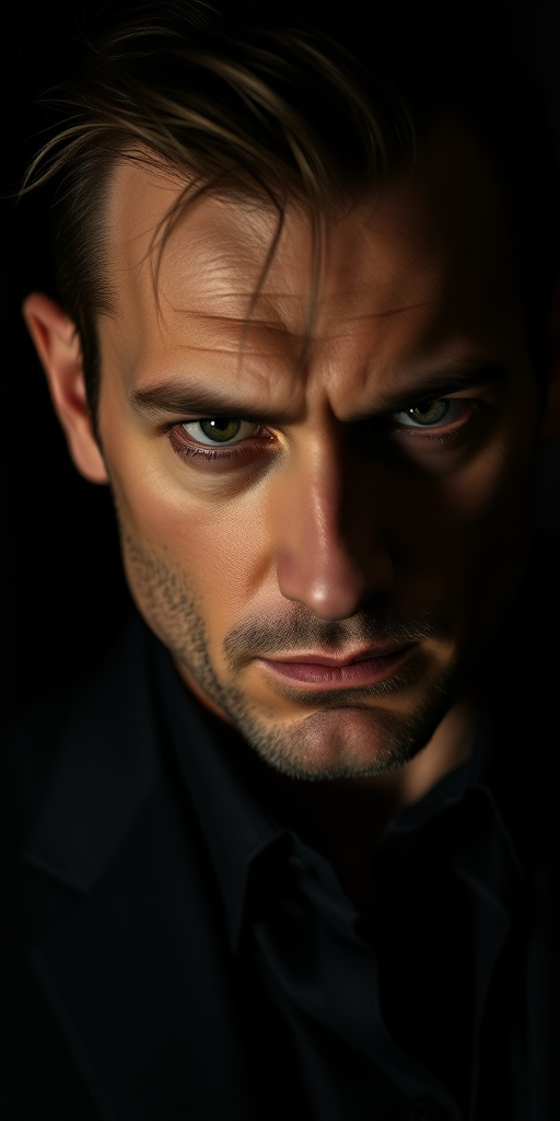 A clever-looking man with a piercing gaze, set against a dark, moody background. His face is partially illuminated by a soft, dramatic light, highlighting his sharp features and intense eyes. He wears a dark suit, his expression calculating and mysterious, as if he's deep in thought or planning something. The shadows around him add to the feeling of secrecy and intrigue, with a dark, almost noir atmosphere.