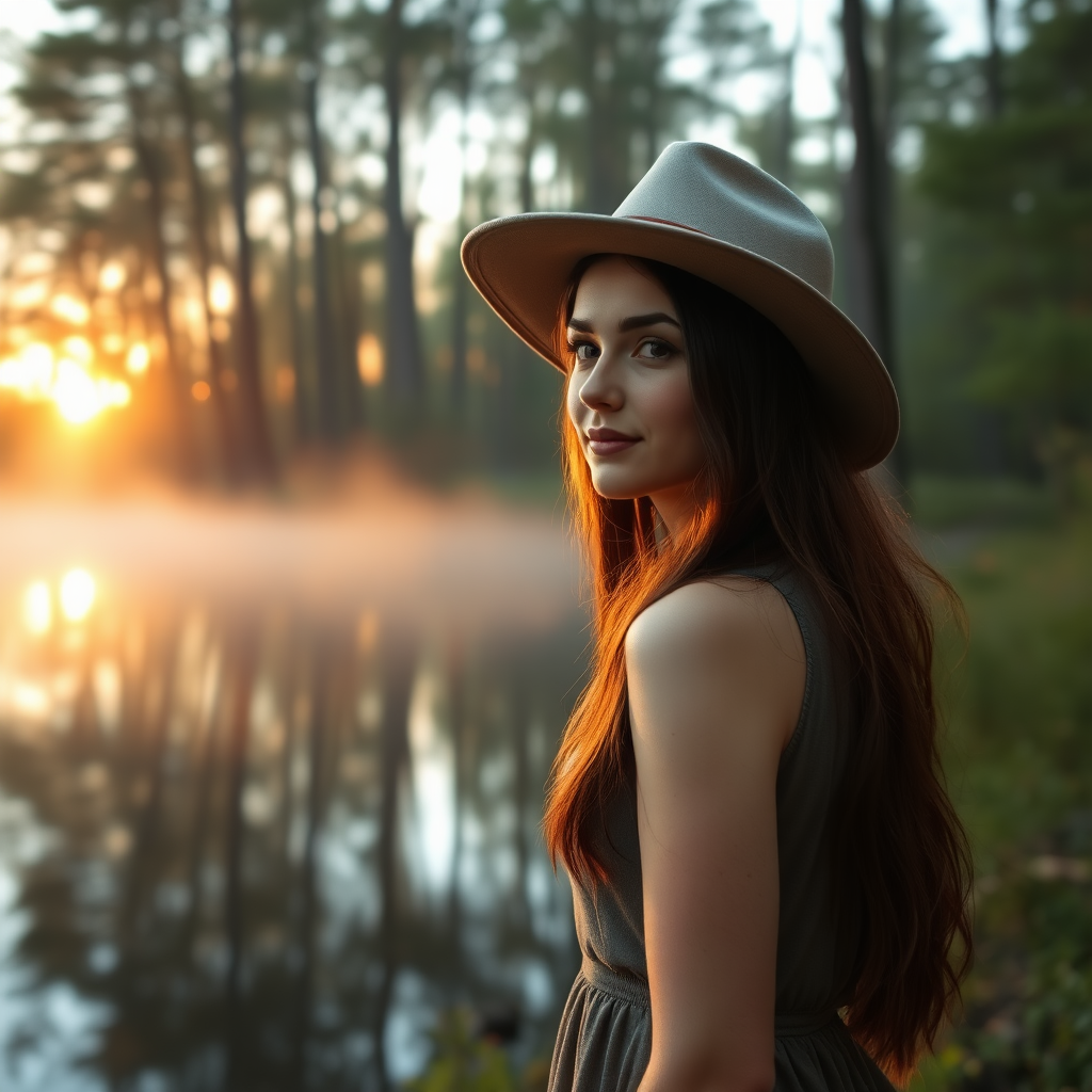 a young woman posing next to a lake in a forest. long brunette hair. she is wearing a dress and a wide hat. looking to the side. the sinking sun is falling through the trees. a little fog is rising from the lake. light like in fairy tale. photo