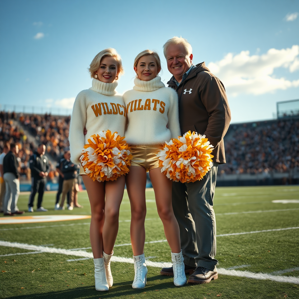 Sunny cold fall noon, college football stadium game, cheerleaders leader squat: Ana, European 17 years old very convincing femboy “QB’s trophy-bimbo”, tamed servile docile, very beautiful feminine flawless face, rather short boyish figure, platinum blond short tight curls, bold red lips, heavily made-up face, fluffy very fuzzy bright white plushy hazy thick angora turtleneck-sweater with “gold “WILDCATS” letters, vinyl gold short shorts, mesh pantyhose, white vinyl thigh-high boots with golden heels, large gold-white pompoms, pearl earrings, standing, shoulders slightly arched back to present her assets, posing for photo with Hank: older tall overweight male football coach, wearing college football coach outfit, triumphant smile, nimbly patting Ana. Jealously watching from behind: very angry wildcat’s QB.