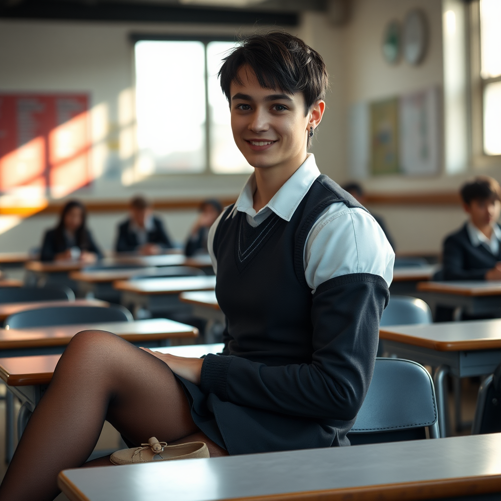 photorealistic, ultra high resolution, 16K, surreal fantasy, soft studio lighting, a pretty 16 year old goth male, slim male physique, short dark hair, blue eyes, goth makeup, earrings, sheer pantyhose, UK girls-school uniform, Mary-Jane shoes, sitting in the classroom, excited smile, facing the camera.