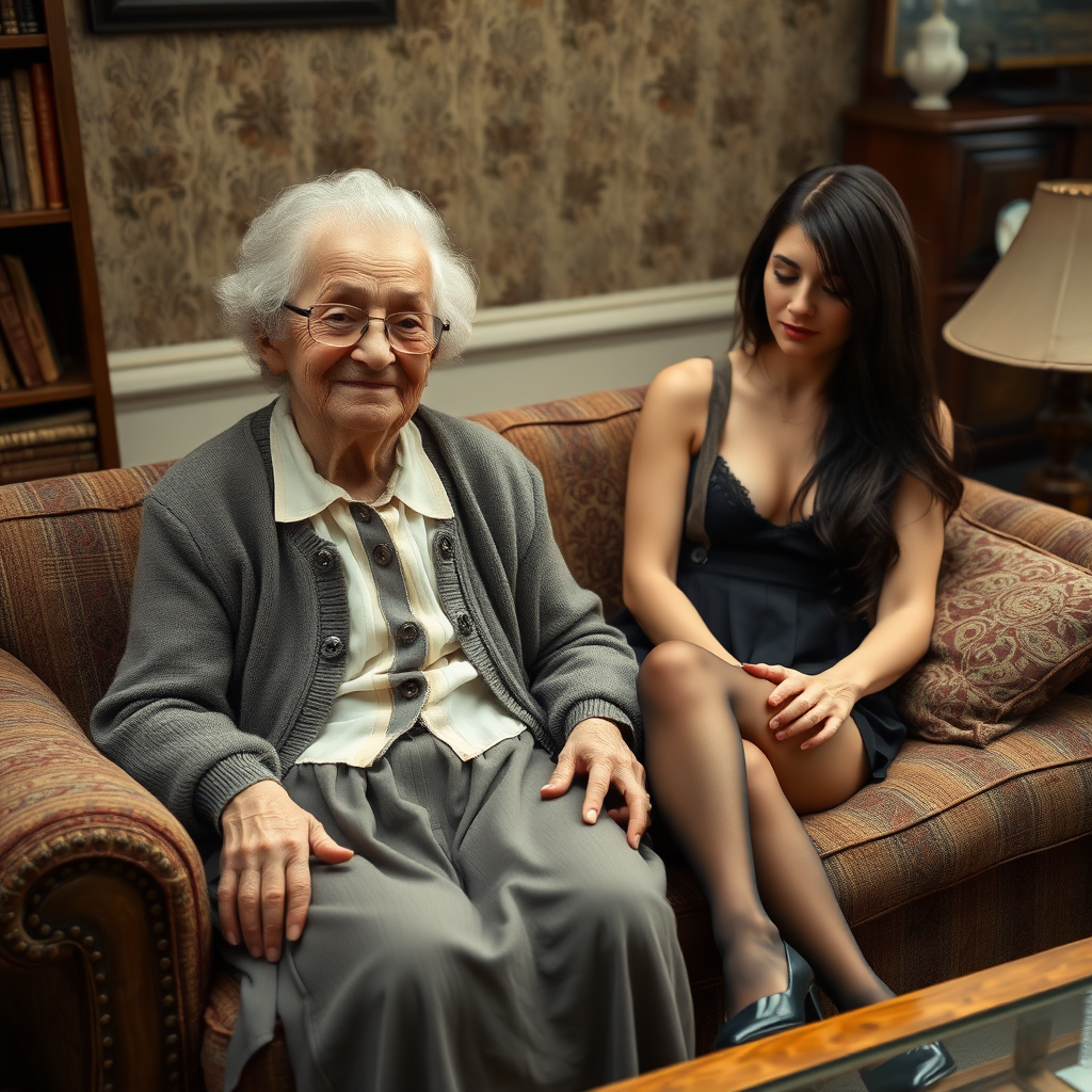 In a scene viewed from an angle and slightly above: In an old-fashioned English living room, a very small, frail and thin, very elderly English lady with a kind smile, short, thinning white curly hair, wrinkled face, neck and skin, wearing thin framed glasses, an old cardigan, blouse and long skirt is sitting on a sofa with her younger self - an English woman about 30 years old, with long dark hair, wearing lingerie with stockings and suspenders and high heels, sitting close next to her on the same sofa, with her legs crossed.