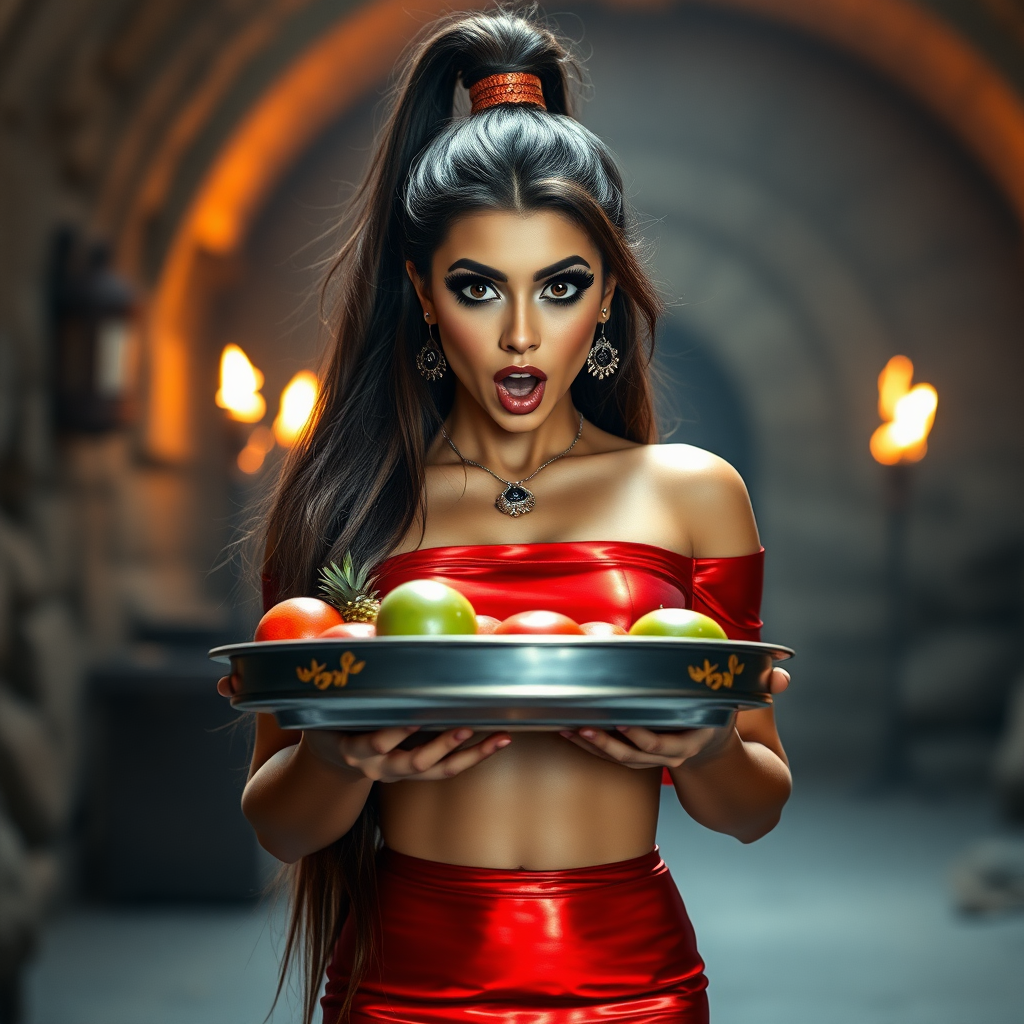 realistic photo of a surprised Arabian model with mouth open. She has very large eyes, black eyeshadow, black eyeliner, fake eyelashes, very tanned skin, very long hair. very high ponytail, she look likes princess jasmine, shinny red off shoulder crop top. photo realistic. She holds a metal tray with fruits just above her waist. crop top, shinny red skirt. full body view. shinny red pencil skirt. dungeon with fire torches in the background.