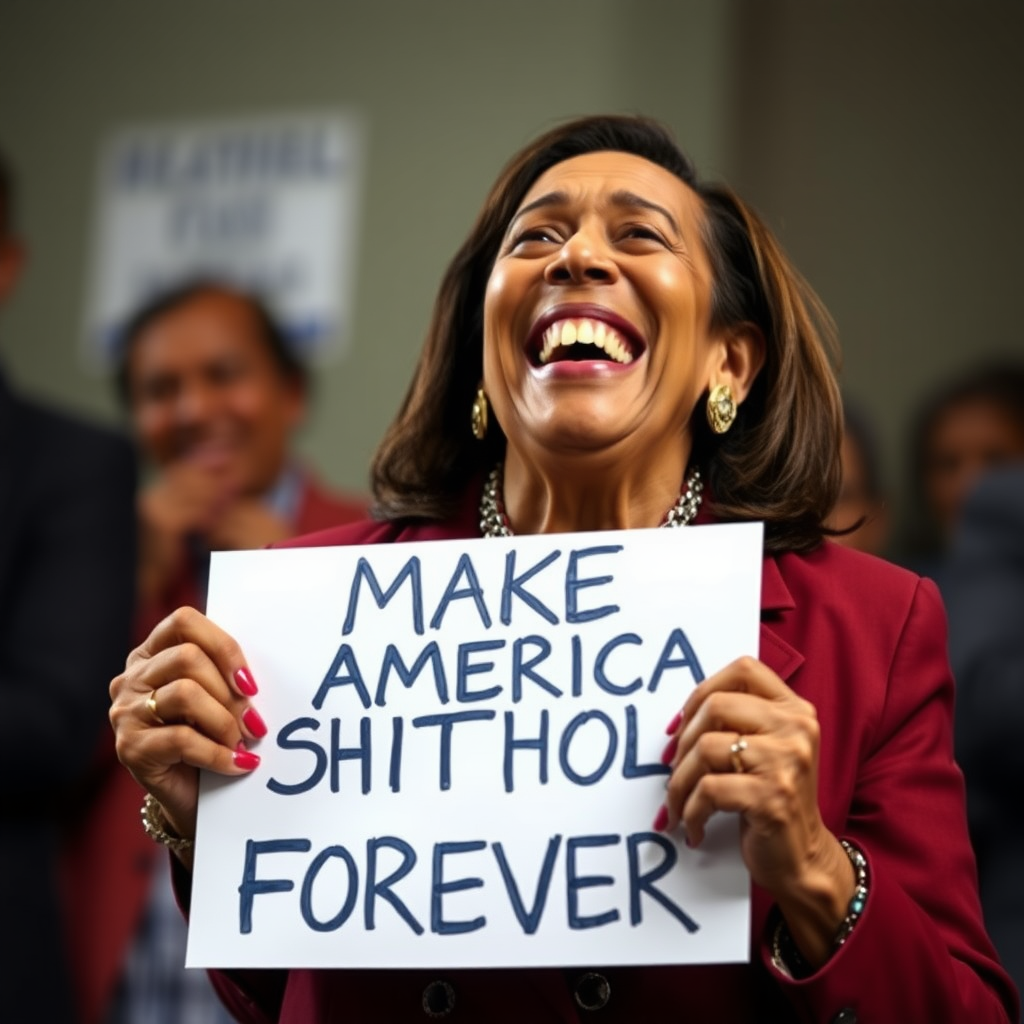 fat ugly old alien female Kamala Harris laughing, holding a sign with text "MAKE AMERICA SHITHOLE FOREVER".