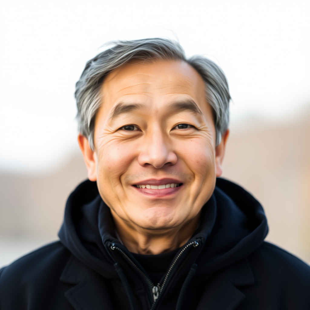 closed-mouth smile, face of a middle-aged man, asian