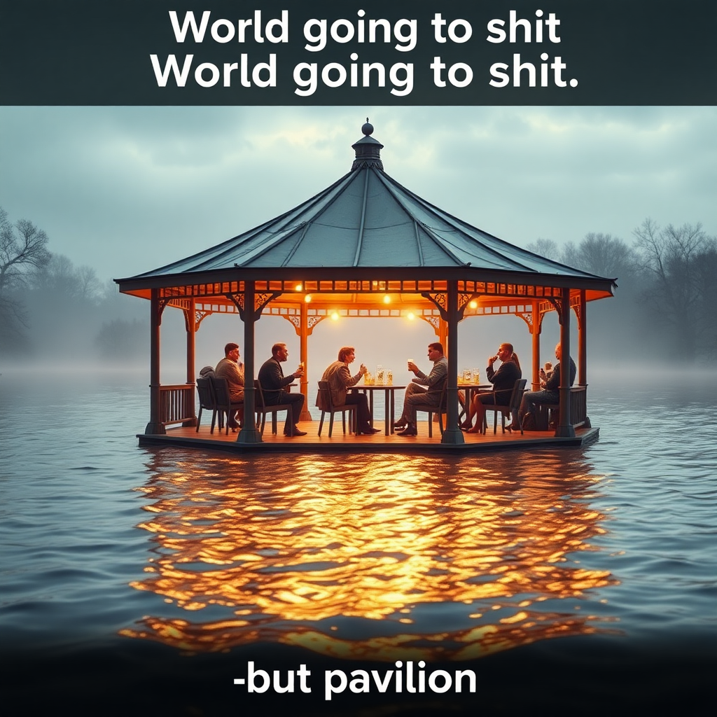 Create an image of a pavilion in a flooded environment and people comically partying on it drinking beer while the world is completely overflooded. Focus on the humoristic contrast of the situation. Include the text "World going to shit" at the top and the bottom part should have the text "but pavilion". Make the image the central part of the image with warm glowing colors. Make it so the people's expressions on their faces are visible.

The background scenery should be that of Aarhus Denmark, in the botanical gardens.