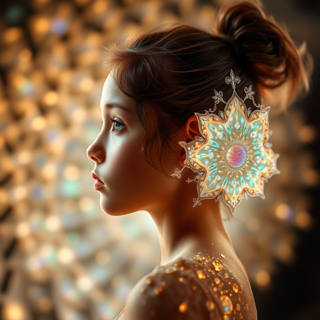 french preteen girl in dynamic pose, in profile, abstract, mandelbulb fractal, ultra-detailed, dynamic composition, artistic photograph, fractal, brilliant colors, glittering, translucent, opal, gold, sharp focus, floral, mother of pearl, iridescent, natural, glowing, Bokeh