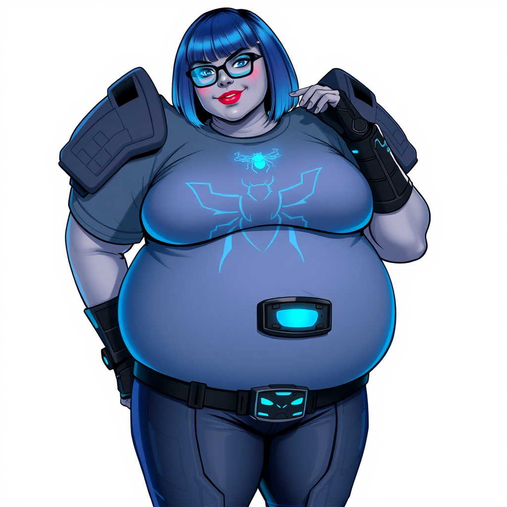 A 28-year-old, full-figured, middle gray skinned computer program hybrid with a maximum blue bob cut. She has a non-athletic build, highlighted by a prominent, round, large midsection (with heavy emphasis on her large belly). As the full-figured digital sidekick to her cyberpunk vigilante boyfriend, her middle gray metallic skin and maximum blue lipstick emphasize her digital nature. She wears a digital, computerized costume inspired by DC’s Carrie Kelly Robin, consisting of a huge, tight-fitting, maximum blue t-shirt with a neon blue glowing chest icon of a beetle, hi-tech shoulder pads with neon blue accents, a black hi-tech belt with a digital neon blue glowing buckle, digital maximum blue pants with neon blue accents, and black hi-tech fingerless biker gloves with neon blue glowing accents. Her bright blue eyes, black eyeglasses with a neon blue glowing HUD built into the lenses, and shy smile with neon red blush accentuate her nerdiness. She stands bashfully with one hand behind her back and the other hand gently touching her cheek, her costume covering all her skin and emphasizing her full-figured physique (especially her belly). She is clearly non-athletic, with a heavy focus on her large belly. Despite her build, she radiates beauty. She has a slim face compared to her physique, accentuating her radiant beauty. She is on a solid white background. She is drawn as if she were in a retro 2D cyberpunk fighting game.