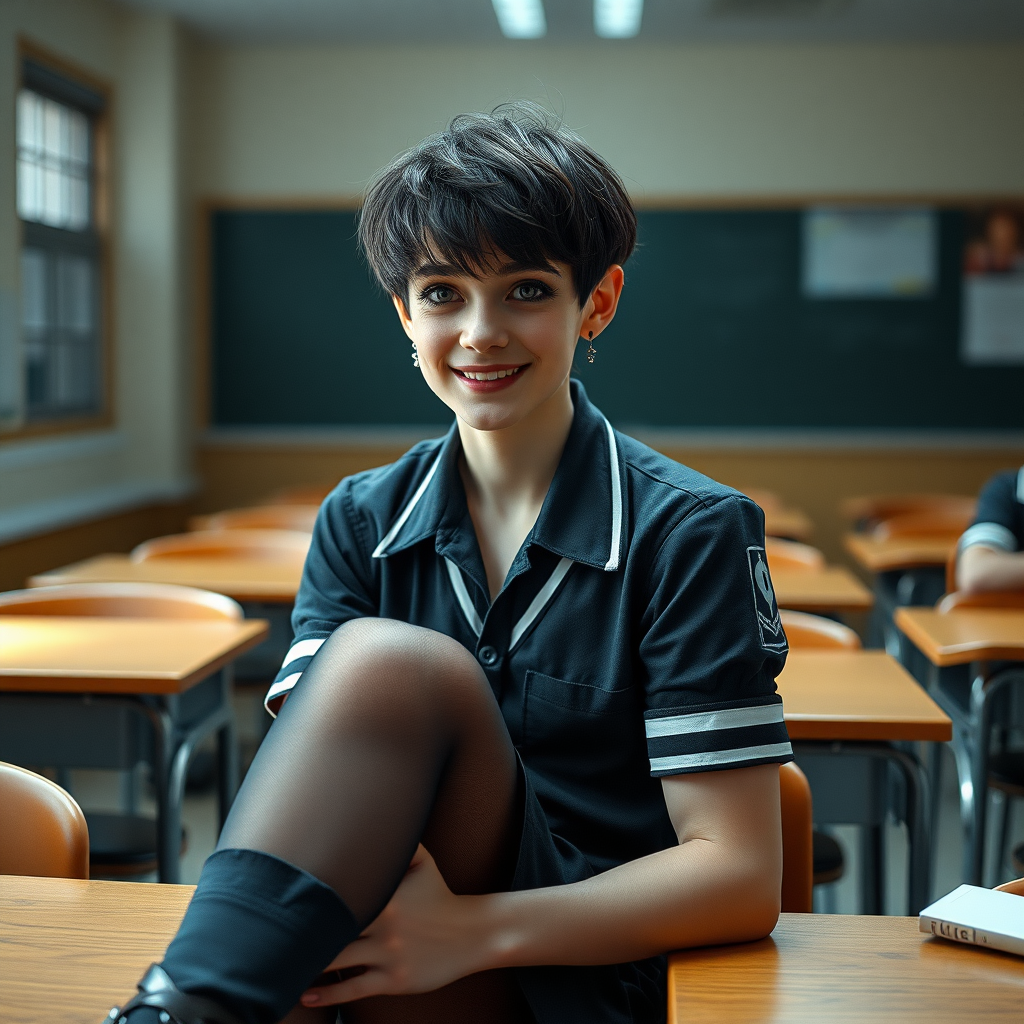 photorealistic, ultra high resolution, 16K, surreal fantasy, soft studio lighting, a pretty 17 year old goth male, slim male physique, short dark hair, blue eyes, goth makeup, earrings, sheer pantyhose, UK girls-school uniform, Mary-Jane shoes, sitting in the classroom, excited smile, facing the camera.