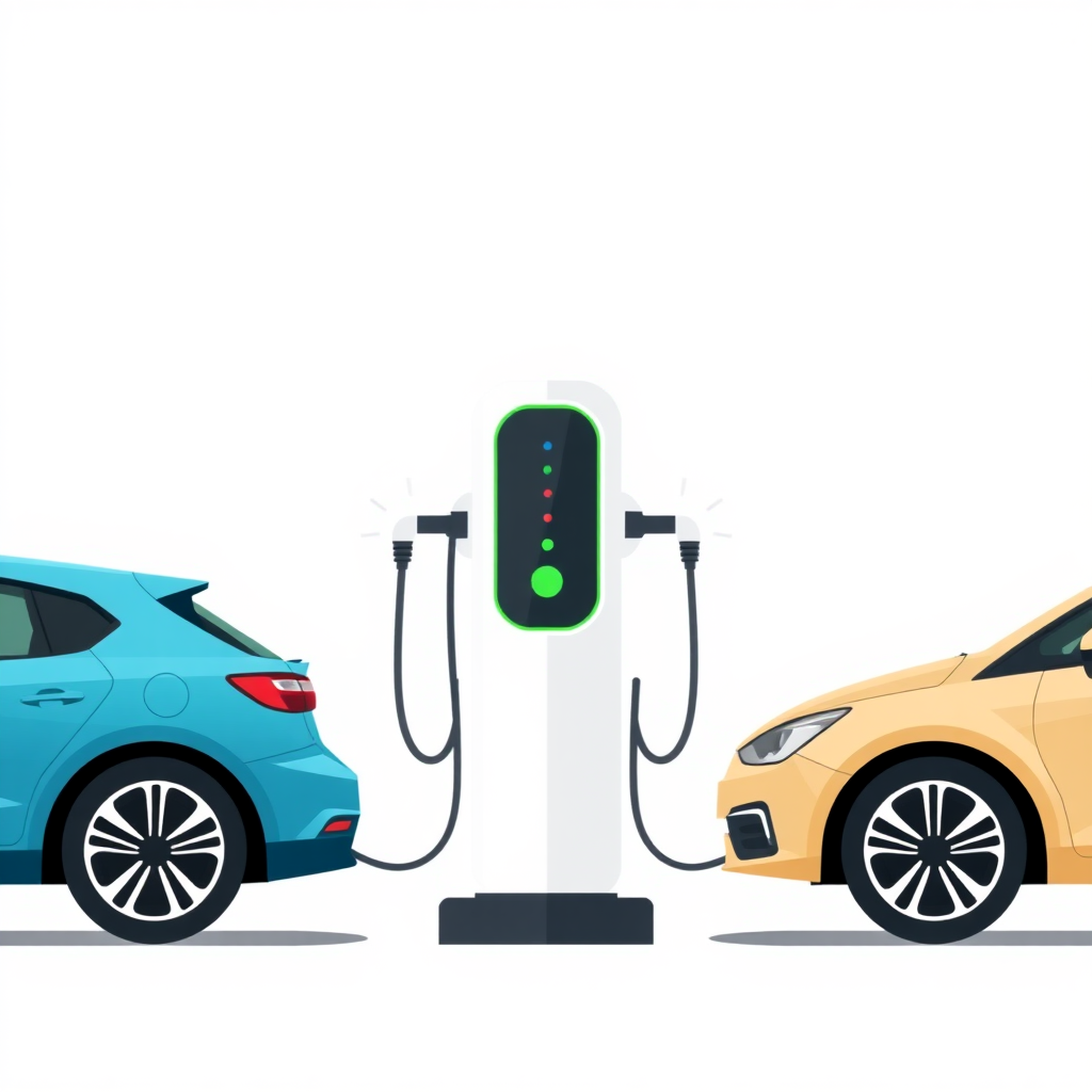 A symmetrical simple flat illustration of an EV charger with two cars connected, cars are fully visible, one on each side of the charger.