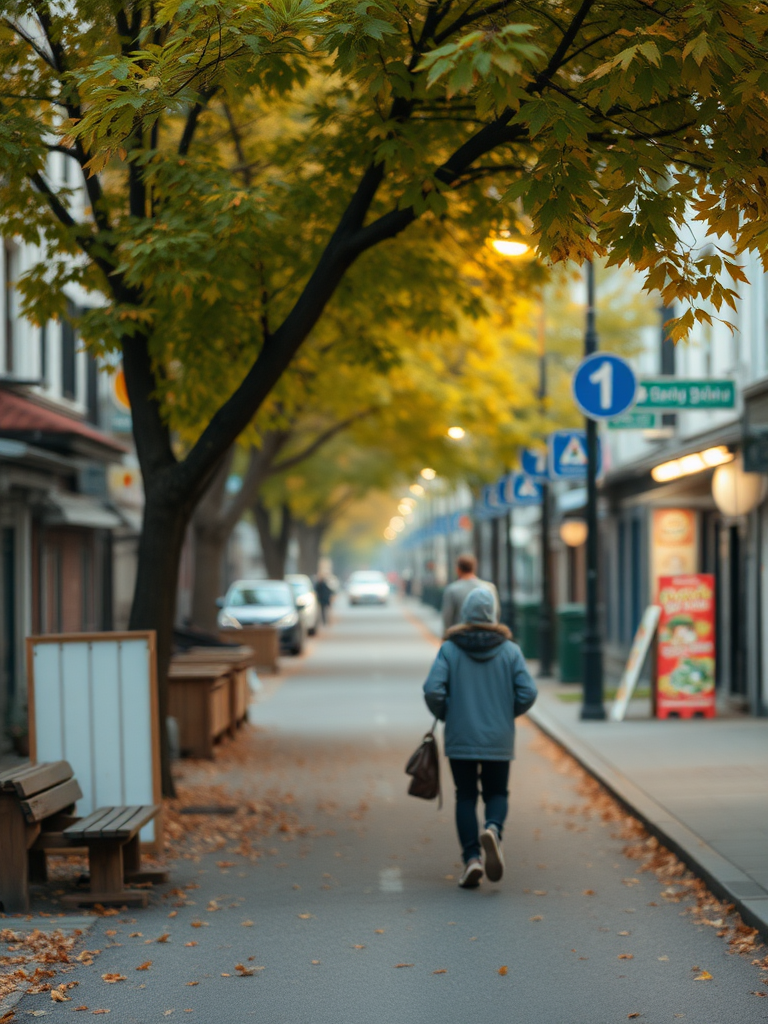 autumn street. Camera: the general plan, smooth camera impact on the character. --ar 9:16 --style raw --stylize 300 --v 6.1