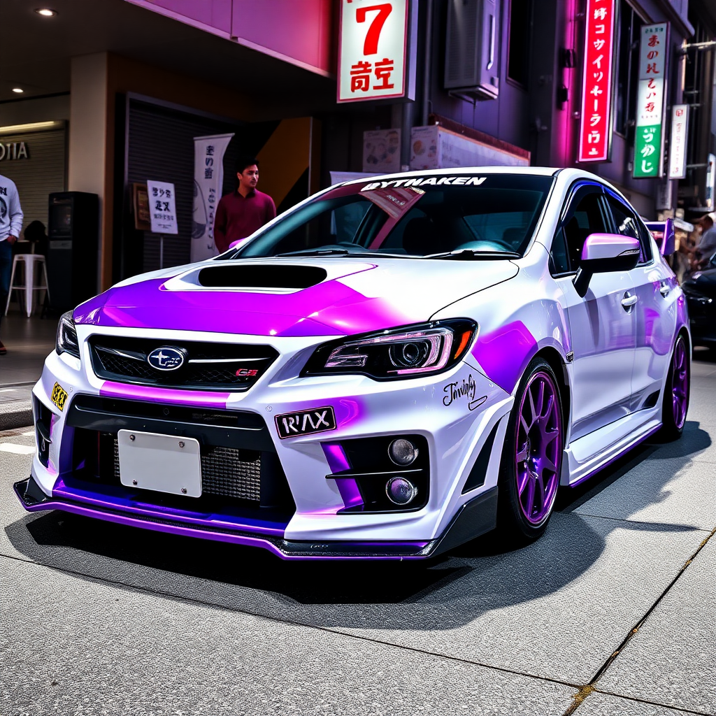 A chrome white Subaru Impreza WRX tuning with purple neon and purple vinyl in Tokyo.