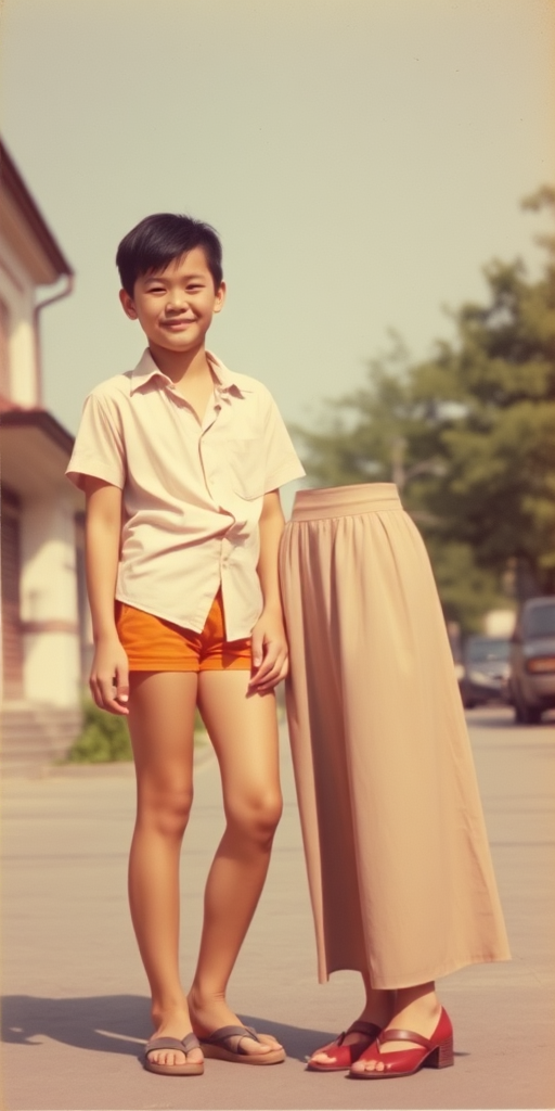 Vintage photo, 1980s. Hot summer. China. Tall 14yo teen boy wearing short shirt, tight booty shorts, long legs, bare thighs. With a girl wearing shirt, long skirt. Full length view.