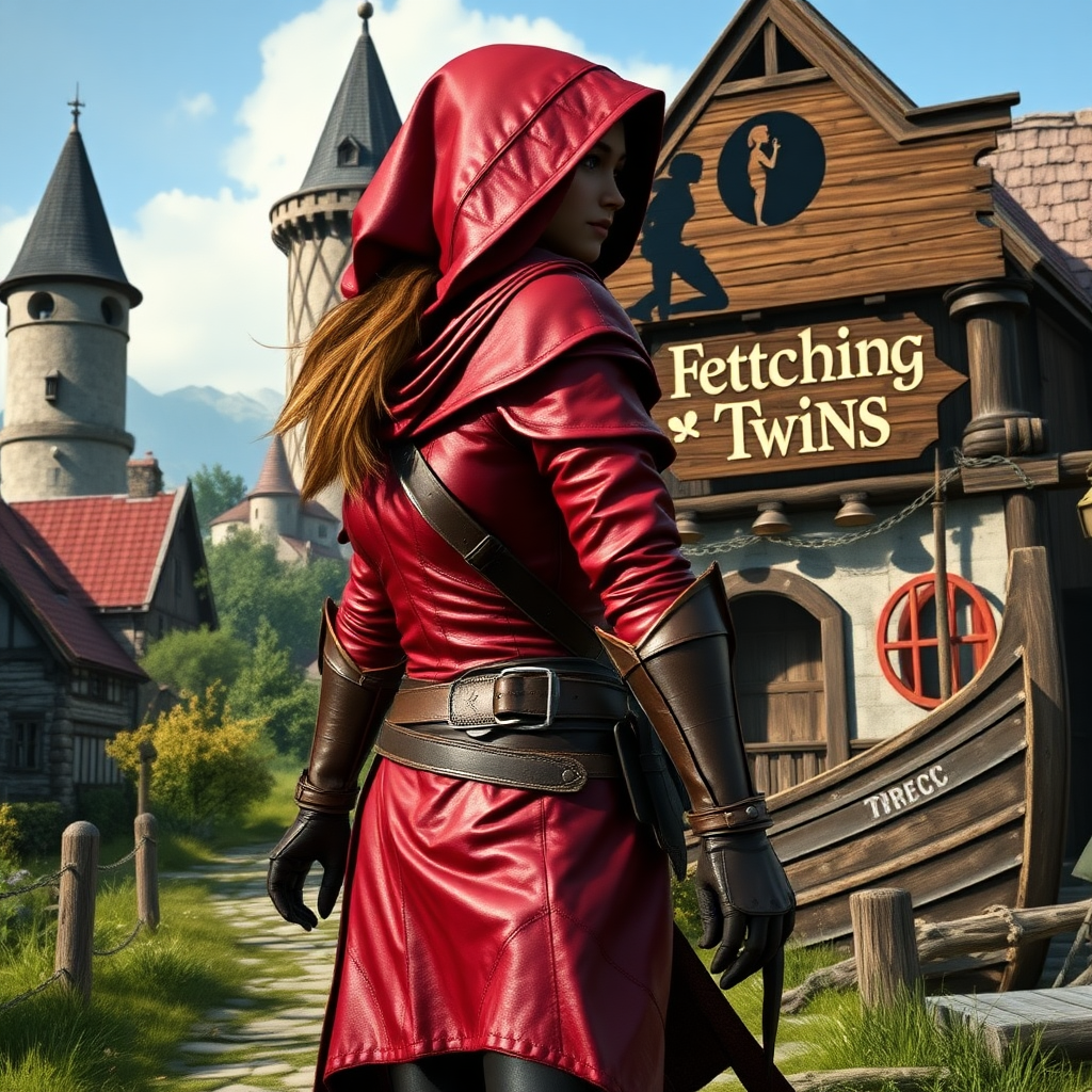 A wide distance shot of a female thief dressed in red leather armor and hood in a pastoral fantasy town. Mage tower in the background. She is fleeing from someone. Bar called "The Fetching Twins" wooden sign (consisting of a silhouette of two women leaning together for a kiss). Village of Dryden, dock with a run-down ship.