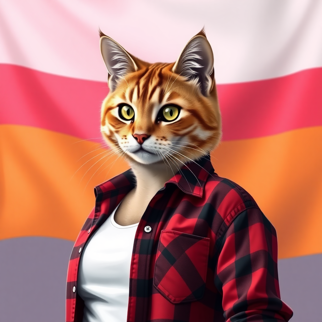 female cat-man with chestnut color, behind him a flag with horizontal colors pink/light pink/white/light orange/orange, colors in order, wearing an open red and black plaid shirt with a white t-shirt, in digital art