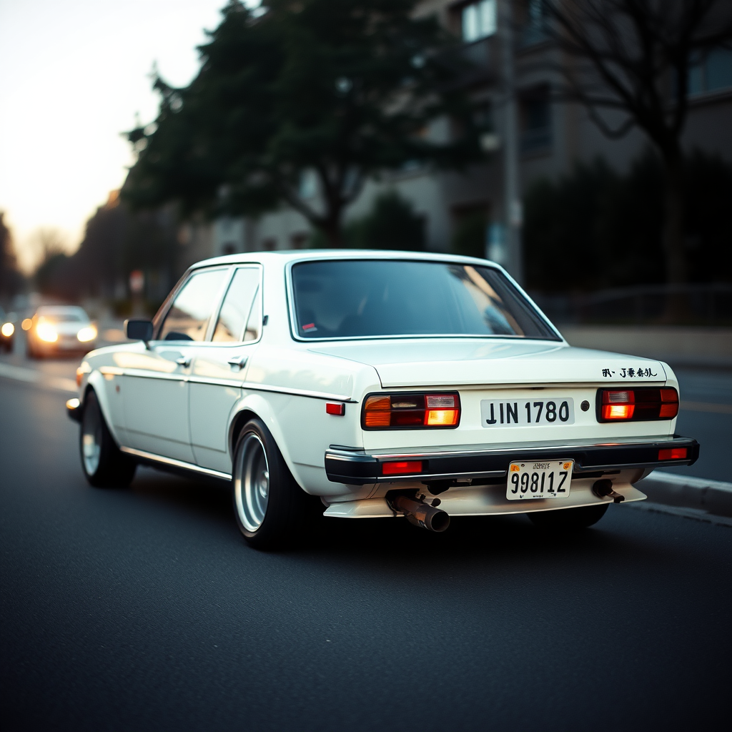 the car is parked on the side of the road, inspired by Taiyō Matsumoto, tumblr, restomod, nd4, c4 a white car is driving down the street, a picture, unsplash, shin hanga, 70's, looking regal and classic, fuji lut, poorly lit, mazoku, devils, lada, lowres, iso 500, backlighted, foam, vehicle photography, frank fanzzeta, 1 2 k, japanese, single light, basic, italian masterpiece