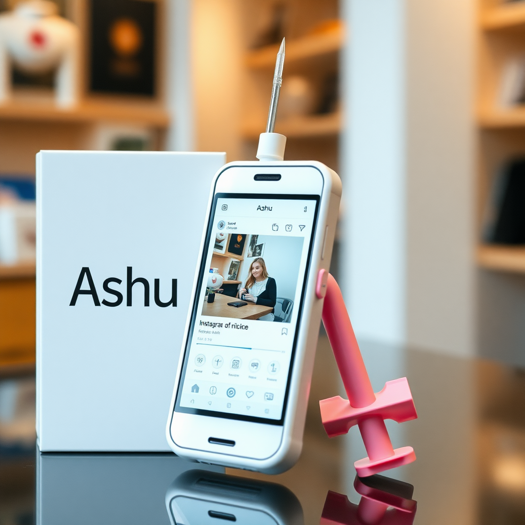 A close-up straight front view of a mobile phone in the shape inspired by a syringe, white pink futuristic, kept for sale leaning to a box with text Ashu, in a showroom, metallic body, touchscreen phone with Instagram page open on the screen, needle on top, whitepunk.