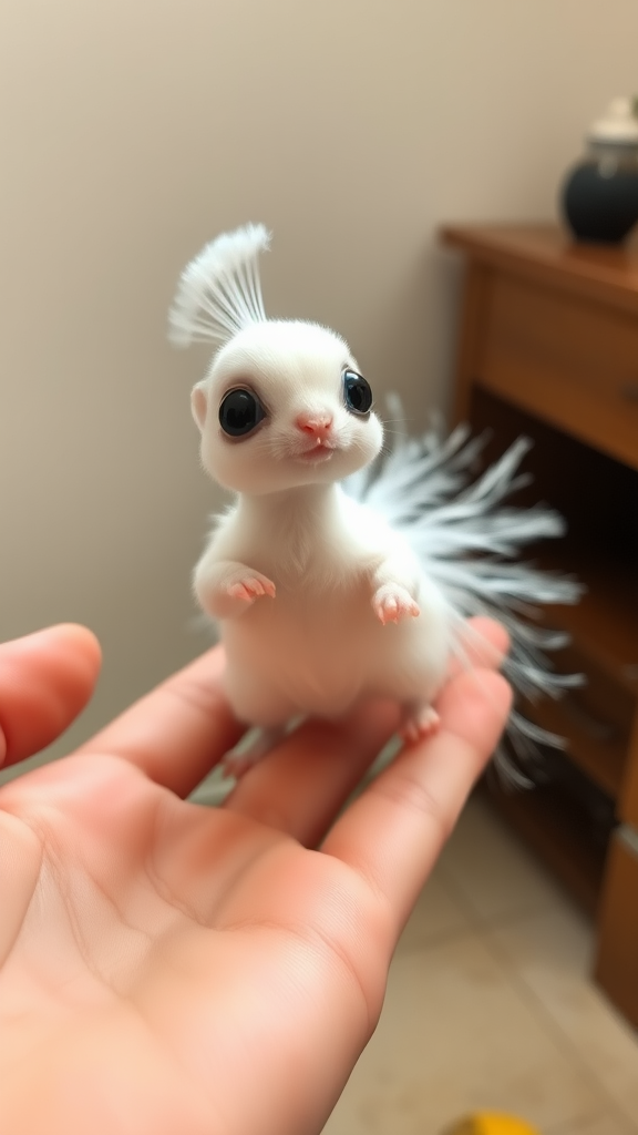 A small tiny cute chubby big eyes big perfect tail real white dancing peacock with tail on hand