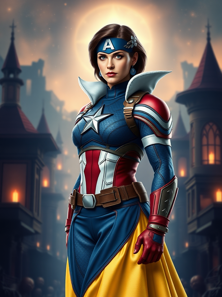 Create a full-length rendered image of Captain America, using the female figure of Snow White for the body. Retain Captain America's head, hairstyle, and facial features. Integrate elements of Snow White's costume into Captain America's attire, adjusting it to fit the new proportions. Design the background inspired by both characters, incorporating iconic symbols and settings that reflect their worlds, merging the heroic and fairytale atmospheres seamlessly. Ensure the image captures the strength of Captain America alongside the whimsy and charm of Snow White, resulting in a unique and visually striking character fusion.