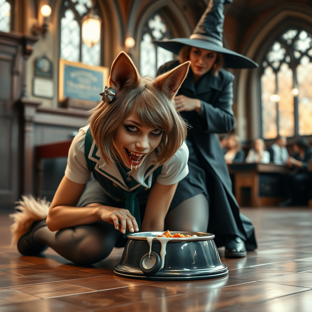 photorealistic, ultra high resolution, 16K, surreal fantasy, studio lighting, a wicked witch at Hogwarts School has cast a spell on Tyler Swift, who is a pretty 18 year old dog-boy, slim male physique with dog ears and bushy tail, shoulder length brown hair, goth makeup, earrings, spikey dog collar, dressed as a Hogwarts Slytherin girl - glossy grey pantyhose, school uniform, Mary-Jane shoes, kneeling on all fours the floor face down eating food from a dog bowl on the student dining hall at Hogwarts School, excited smile and drooling white fluid from his mouth. The witch is standing behind Tyler and is resting her arms on his shoulders. full body view, facing the camera.