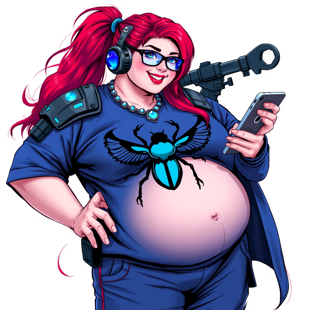 A cyberpunk vigilante’s full-figured intelligent and tech-savvy 29-year-old girlfriend, who is a computer hacker and tech genius. She has a long ruby red ponytail and bright blue eyes. She wears a sapphire beetle gemstone necklace, an armored, oversized, Maximum Blue (RGB 71, 171, 204) t-shirt featuring a giant black chest icon of a winged beetle, and matching Maximum Blue (RGB 71, 171, 204) sweatpants. She has a full-figured physique with an enormous, well-rounded midsection, reflecting her well-cared-for lifestyle. The midsection is heavily emphasized. She sports a sapphire headset with hi-tech Maximum Blue (RGB 71, 171, 204) lensed HUD visor, Maximum Blue (RGB 71, 171, 204) lipstick, black eyeglasses, and a beaming smile with a passionate bright red blush. Despite her figure and a lack of self-esteem, she radiates an air of beauty. She has an angular face which contributes to her radiant beauty. She serves as his tech expert from his hideout, holding a holographic tablet and a hi-tech tool wrench. The background is solid white. She is drawn as if she was in a retro 2D cyberpunk fighting game. Make sure her outfit covers her enormous midsection.