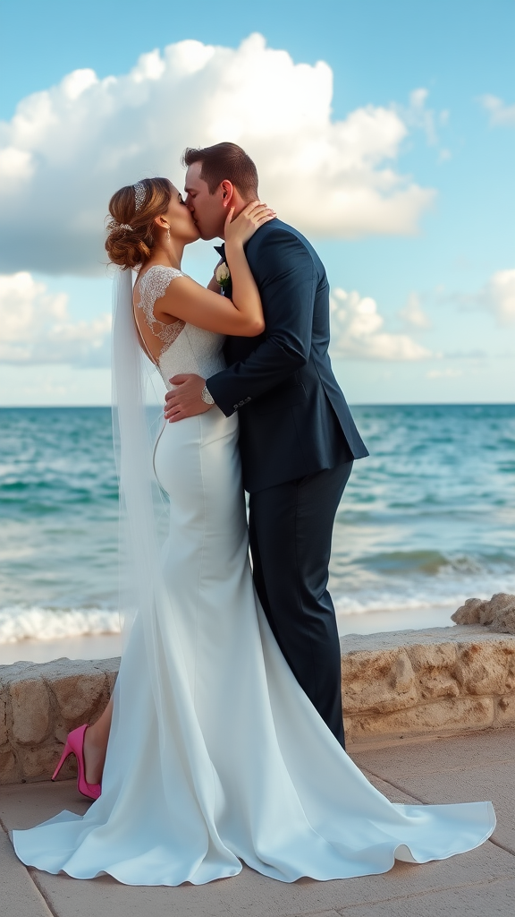 Bride and groom dressed elegantly, she in high-heeled shoes and he in patent leather shoes, he passionately kisses the bride, by the sea with a beautiful beach, blue sky with white clouds.