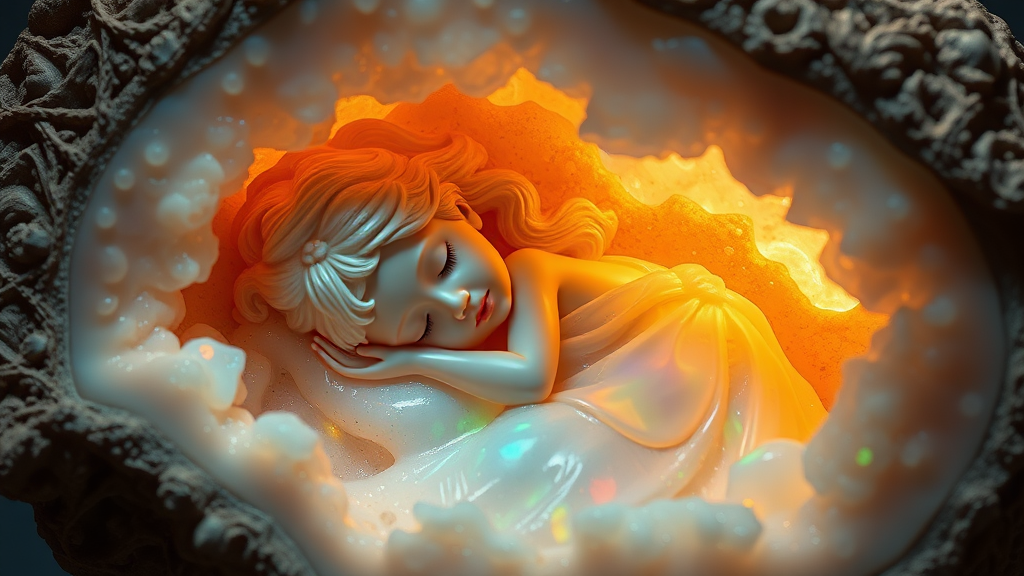 statue carved from opal of a 8 year old girl sleeping in a geode, high quality photo, intricate environment, ultra-detailed, impressionistic, dynamic composition, artistic photograph, geode, alabaster, fractal, brilliant colors, glittering, sunlight, illumination, transparency, translucent, opal