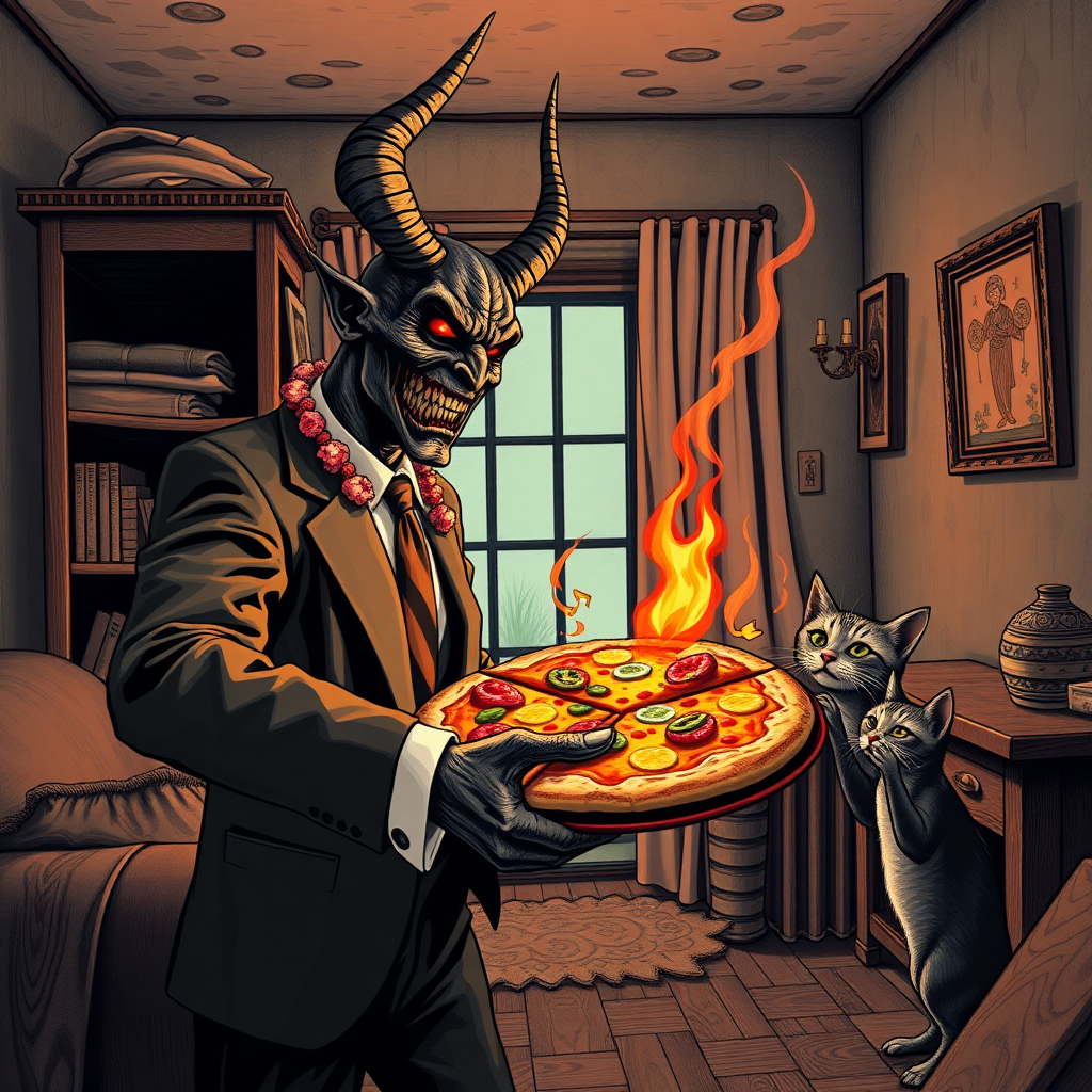 A well dressed handsome demon delivering Hawaiian pizza to angry kittens in a decayed apartment,Chinese woodcut, Mormon , Catholic