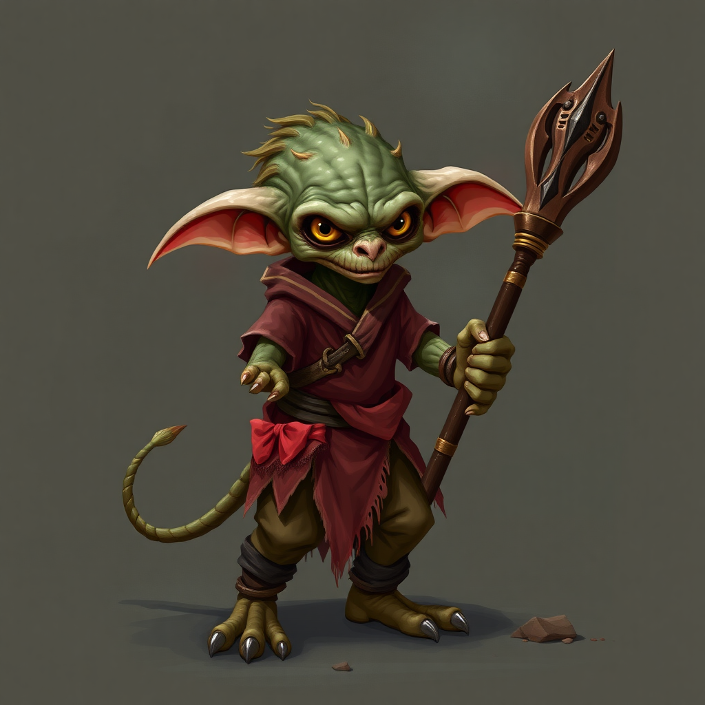 A small, skinny kobold in a tattered red tunic and dirty brown pants holding a quarterstaff in a threatening manner.