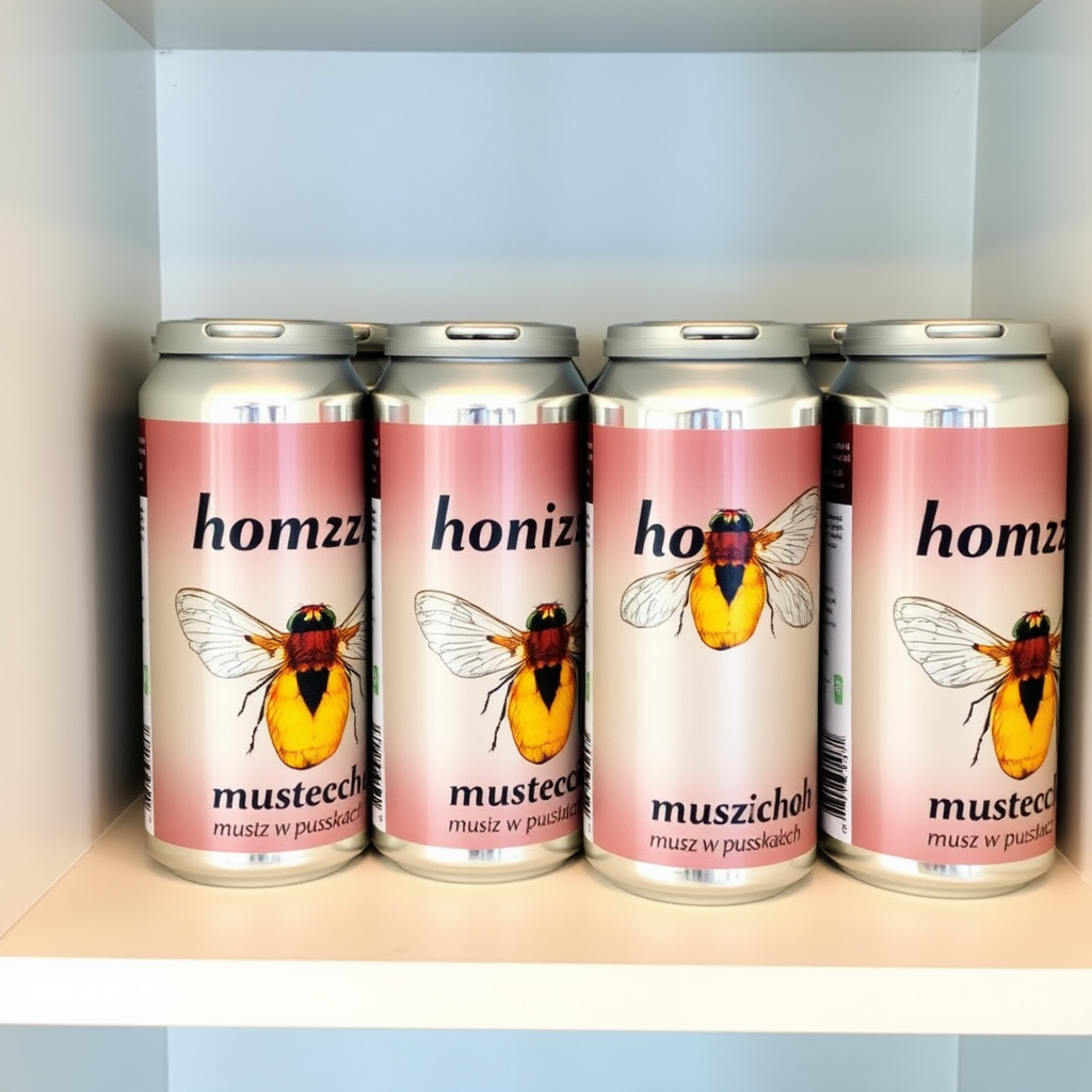 a small shelf with cans that have an image of home fly on the label and text saying "musz w puszkach", the text should say "musz w puszkach" with no errors