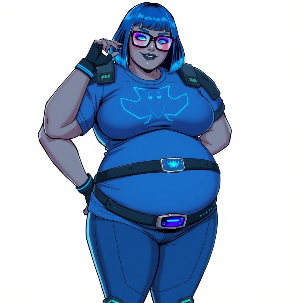 A 28-year-old, full-figured, metallic middle gray skinned, computer program hybrid with a maximum blue bob cut. She has a non-athletic, full-figured build, highlighted by a prominent, round, large midsection (with heavy emphasis on her belly). As the full-figured, nerdy, digital sidekick to her cyberpunk vigilante boyfriend, her metallic middle gray skin and maximum blue lipstick emphasize her digital nature. She wears a digital, computerized costume inspired by DC’s Carrie Kelly Robin, consisting of a huge, tight-fitting, maximum blue t-shirt with a neon blue glowing beetle chest icon, hi-tech shoulder pads with neon blue accents, a black hi-tech belt with a digital neon blue glowing buckle, digital maximum blue pants with neon blue accents, and black hi-tech gloves with neon blue glowing accents. Her bright blue eyes, black eyeglasses with neon blue glowing lenses with a built-in HUD, and shy smile with neon red blush accentuate her nerdiness. She stands bashfully with one hand behind her back and the other hand gently touching her cheek, her costume covering all her skin and emphasizing her full-figured physique (especially her belly). She is clearly non-athletic, with a heavy focus on her large belly. Despite her build, she radiates beauty. She has a slim face compared to her physique, accentuating her radiant beauty. She is on a solid white background. She is drawn as if she were in a retro 2D cyberpunk fighting game.