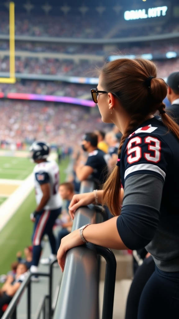 Attractive female NFL fan, pigtail hair, leaning forward over front row stadium barriers, fangirling over an NFL player who's on the field