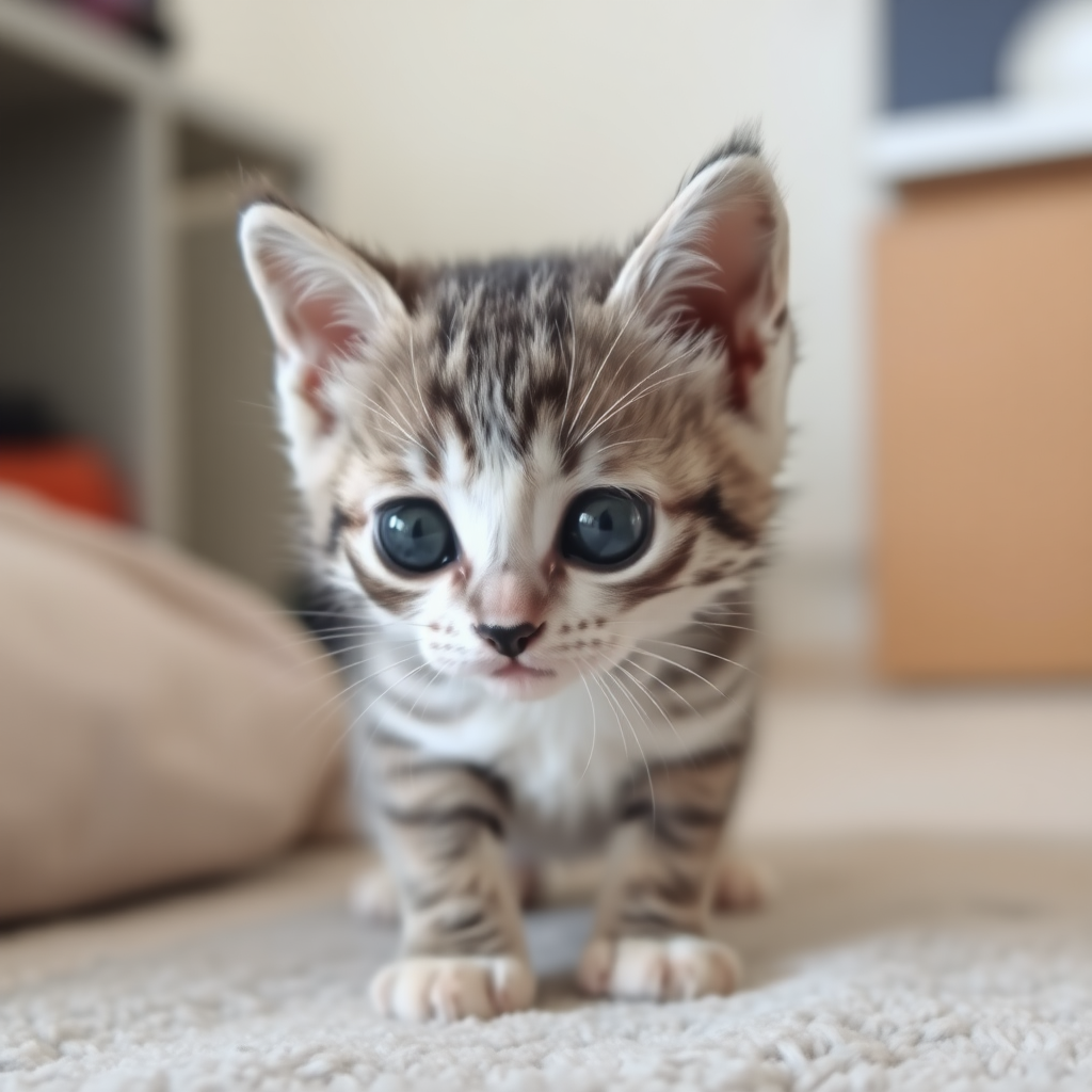 There is a small gray and white kitten in the room, cute and chubby, with round pupils.