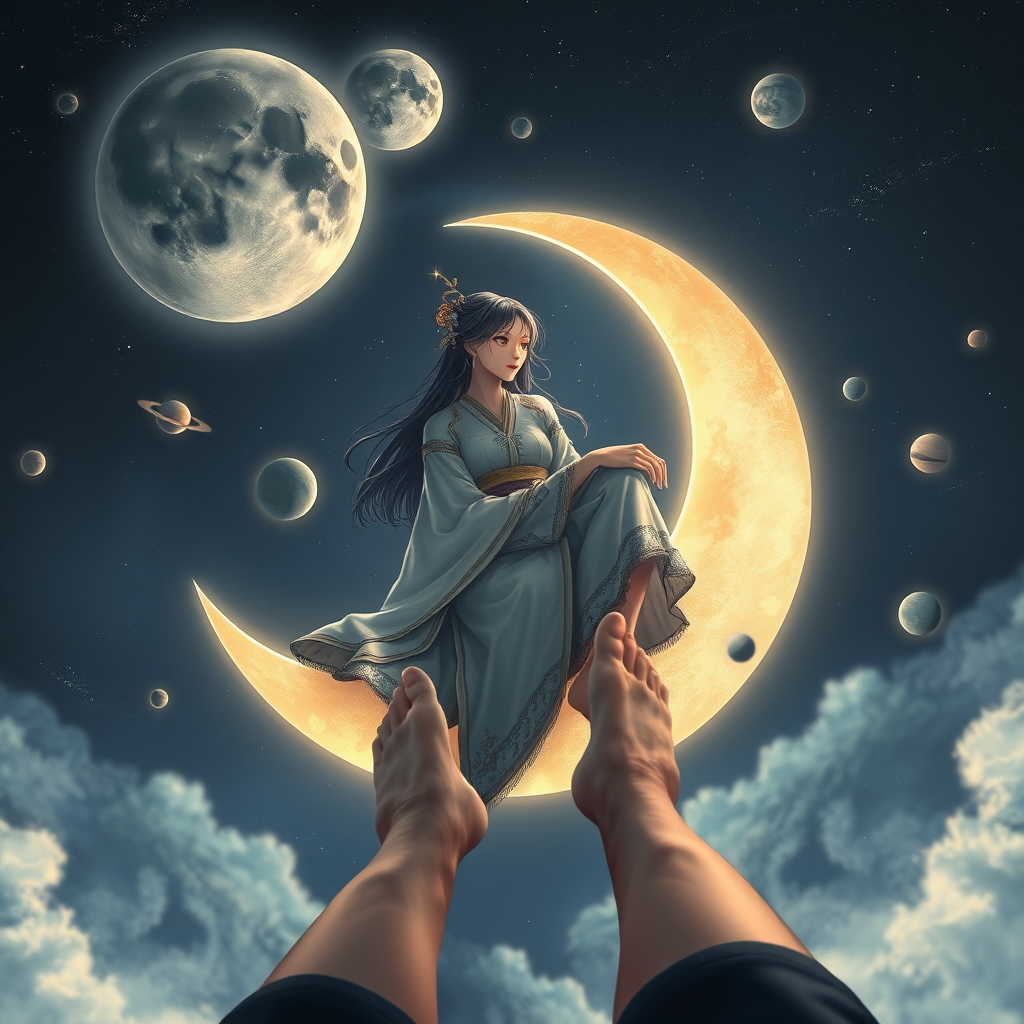 WALLPER,((best quality)), ((masterpiece)), A girl in Hanfu sitting on a crescent moon, wearing silk stockings and barefoot, surrounded by dreamy planets, viewed from the feet upwards, creating a mysterious and romantic atmosphere, high-quality image, high-resolution picture.