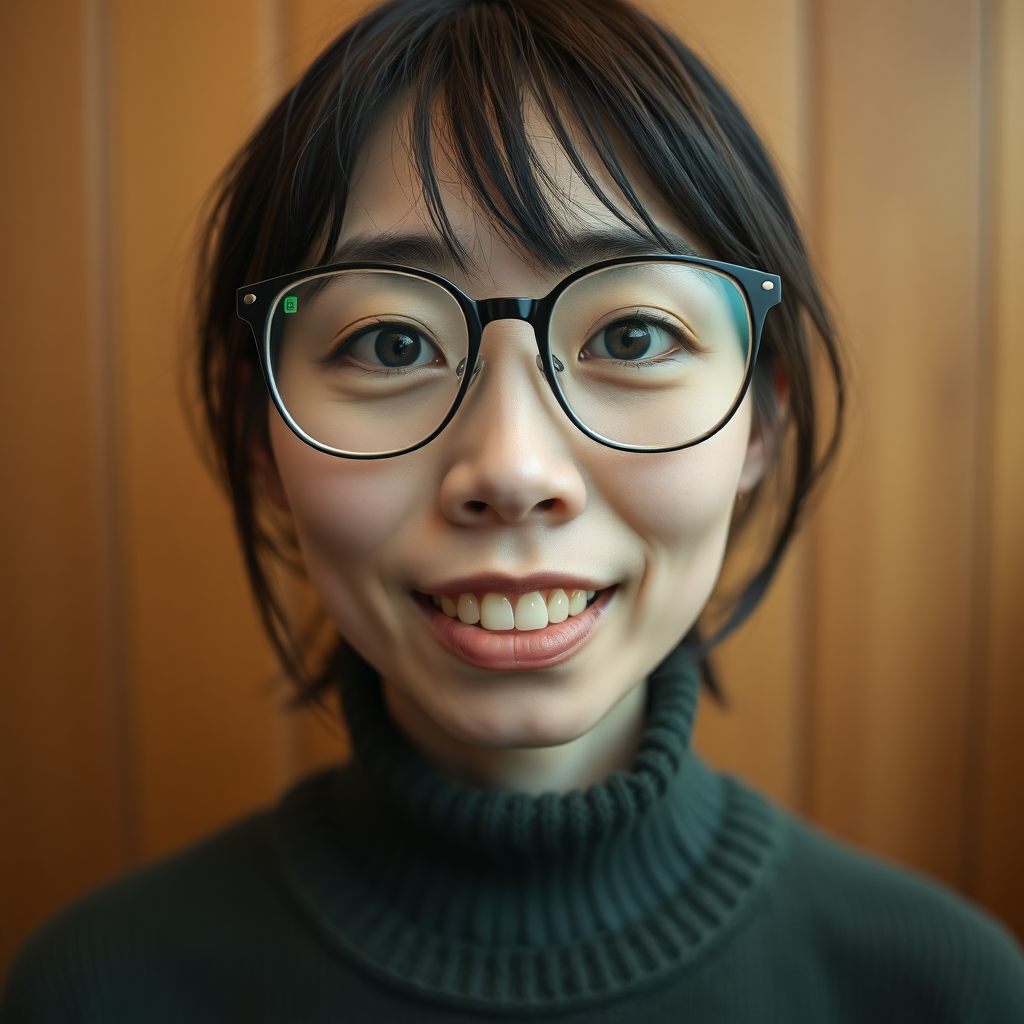 real casual photo, japanese nerdy skinny adult woman with big nose, big mouth, big yellowish teeth, moles, big eyeglasses and medium hair, serious expression