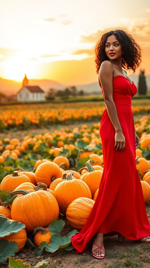 On the left, a beautiful model in a long red dress, with curly black lob hair and 12 cm high heels, in the background a field of large orange pumpkins, in the background a Veneto village with a farmhouse and a little church, sunset sky with the sun and white clouds.