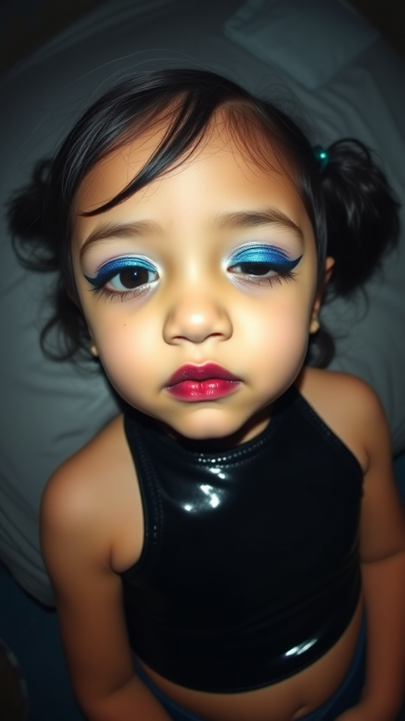 four-year-old-latina-female-child.  
She is wearing intense-blue-glitter-eyeshadow, thick-winged-eyeliner with very-dramatic-eyeliner-wings, and dark-burgundy-glossy-lipstick.  
She is wearing a tight-glossy-latex-sleeveless-crop.  
Her mouth is half-closed, eyes half-closed.  
Fish-eye-lens, laying down in a dark motel room, amateur flash photography.