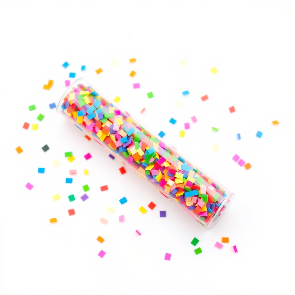 colorful confetti popper tube lying flat at an angle with confetti around it, white background