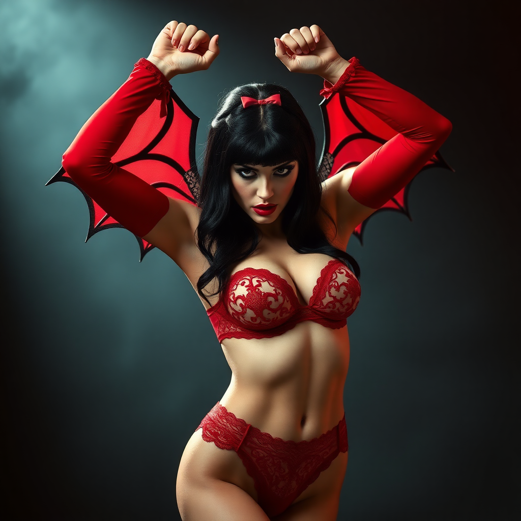 Imagine: Vampirella both arms up menacingly at the viewer intensely with one arm up high in the air. She's wearing a Vampirella themed lace undies with insane detailing. Cosplayed by a Romanian dancer.