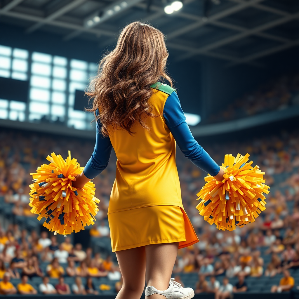 Please generate a photorealistic digital image of a high-school cheerleader girl with pom-poms in an indoor stadium filled to capacity. The girl should be facing away from the camera, with her wavy hair styled in a dynamic, motion-conveying manner, and posed in an energetic and fluid stance in a natural posture. The dress should include a yellow shirt with contrasting blue sleeves, small green shoulder epaulets, and white sneakers that accurately reflect the texture, folds, and scratches typical of athletic wear. The image should be highly detailed and accurate, with realistic textures, lighting, shading, and reflections that simulate real-life conditions. The overall aesthetic should be vibrant, engaging, and captivating, conveying a sense of energetic dynamism and joyful movement. Ensure the image is photorealistic in all aspects, with a focus on accurate rendering of light, color, and textures to produce a captivating visual experience.