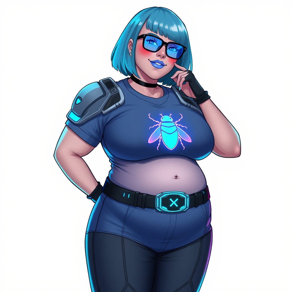 A 28-year-old, full-figured, metallic light neutral gray (N7) skinned computer program hybrid with a maximum blue bob cut. She has a non-athletic build, highlighted by a prominent, round, large midsection (with full emphasis on her large belly), which shows the effects of her love of junk food acquired from her boyfriend. As the full-figured, nerdy, digital sidekick to her cyberpunk vigilante boyfriend, her metallic light neutral gray skin and maximum blue lipstick (5PB 5/12) emphasize her digital nature. Her skin has a subtle, animated glow, with digital patterns occasionally flickering across it, making her digital nature obvious. She wears a digital, computerized costume, consisting of a huge, tight-fitting, maximum blue t-shirt (5PB 5/12) with a neon blue glowing chest icon of a beetle, hi-tech shoulder pads with neon blue accents, a black hi-tech belt with a digital neon blue glowing buckle, digital maximum blue biker pants (5PB 5/12) with neon blue accents, and black hi-tech fingerless biker gloves with neon blue glowing accents. Her neon blue glowing eyes, black eyeglasses with neon blue glowing lenses equipped with a built-in HUD, and bashful smile with neon red blush accentuate her nerdiness. She stands bashfully with one hand behind her back and the other hand gently touching her cheek, her costume covering all her skin and fully emphasizing her full-figured physique (especially her large belly). She is clearly non-athletic, with a full focus on her full-figured physique. Despite her build, she radiates beauty. She has a slim face compared to her physique, accentuating her radiant beauty. She is on a solid white background. She is drawn as if she were in a retro 2D cyberpunk fighting game.