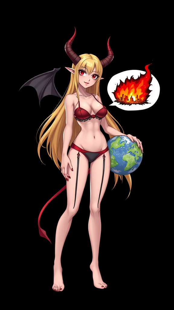 Anime, Black background, A mischievous tall-slender demon girl, perfect, red lips, long blond hair, wearing sexy micro bikini-like clothing, g-string, womb tattoo on belly, mischievous smile, large breasts, full body, long legs, looking at viewer, speech bubble with a burning city, holding the earth.