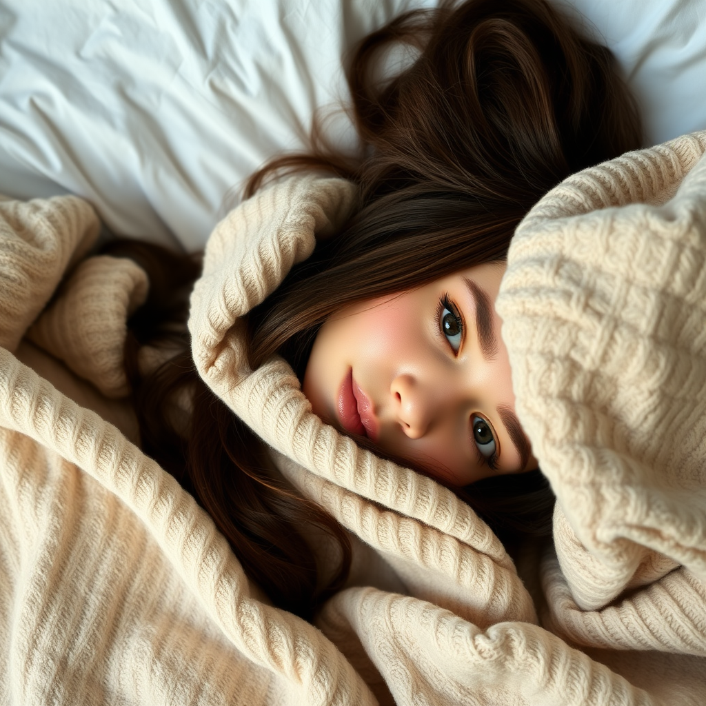 a young woman laying on her bed. brunette hair. completely covered by a blanket. only face visible. no makeup. photo